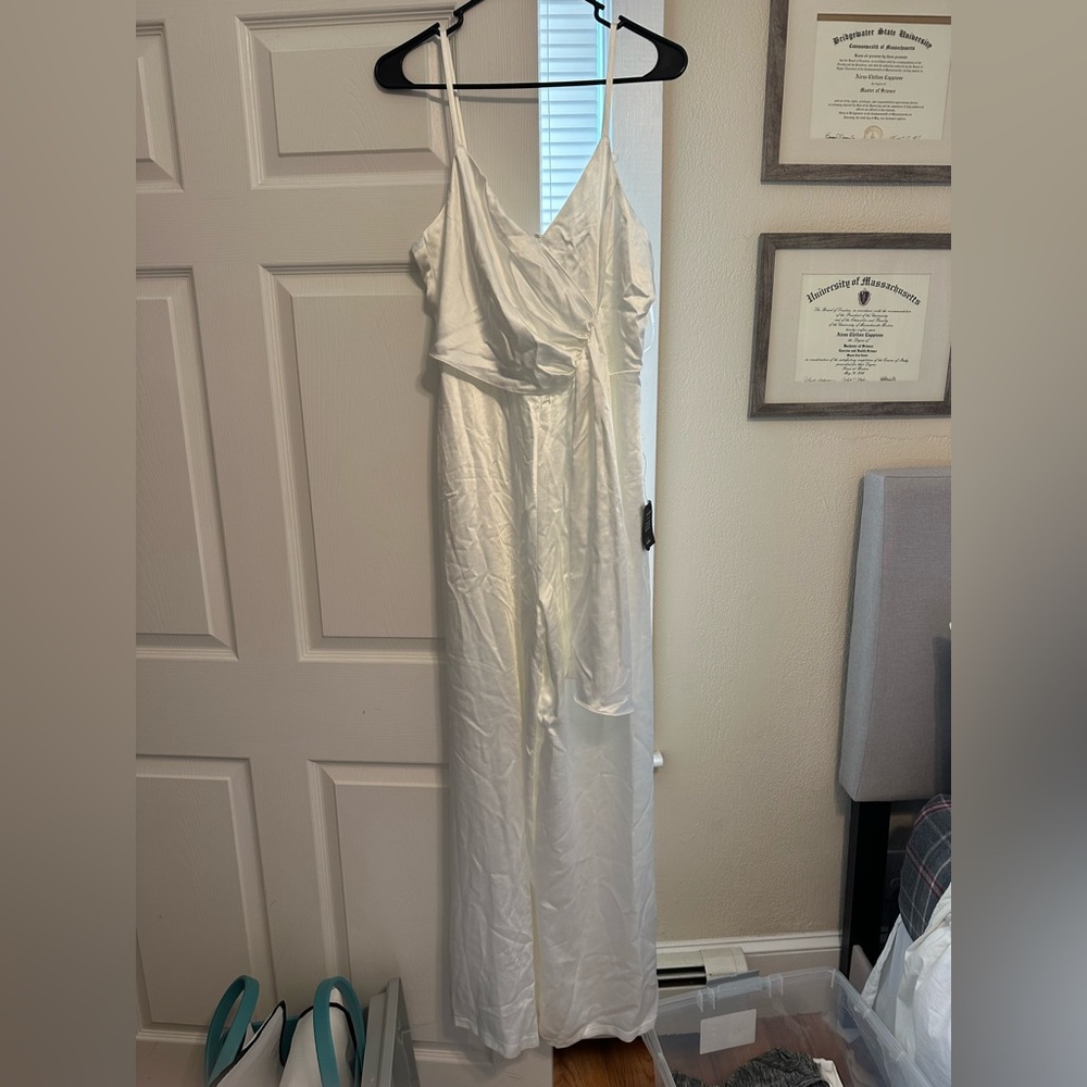 Lulus Romantic Expectations Ivory Satin Wide-Leg Jumpsuit- Size M